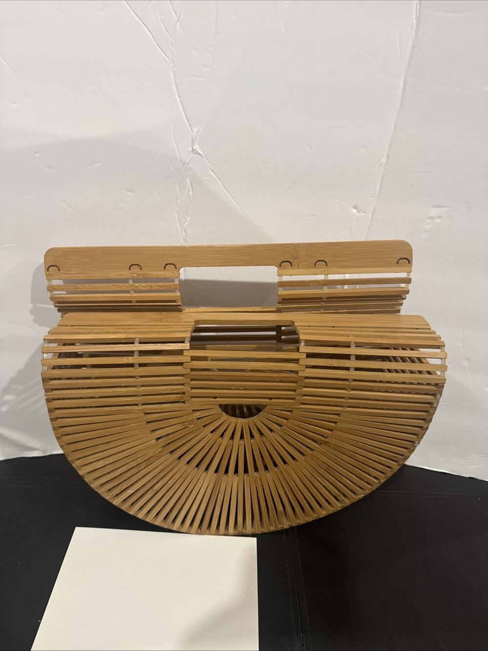Vintage Style Bamboo Slatted Half Moon Handbag Purse Natural Wood Boho Retro